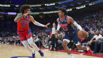 Matisse Thybulle #22 of the Philadelphia 76ers drives to the basket against Isaiah Livers #12 of the Detroit Pistons (Photo by Mitchell Leff/Getty Images)