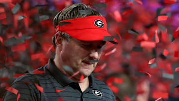 MIAMI GARDENS, FLORIDA - DECEMBER 31: Head Coach Kirby Smart of the Georgia Bulldogs looks on during the trophy ceremony after the Georgia Bulldogs defeated the Michigan Wolverines 36-11 in the Capital One Orange Bowl for the College Football Playoff semifinal game at Hard Rock Stadium on December 31, 2021 in Miami Gardens, Florida. (Photo by Kevin C. Cox/Getty Images)