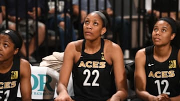 LAS VEGAS, NV - MAY 6: A'ja Wilson #22 of the Las Vegas Aces looks on before the game against the China National Team in a WNBA pre-season game on May 6, 2018 at the Mandalay Bay Events Center in Las Vegas, Nevada. NOTE TO USER: User expressly acknowledges and agrees that, by downloading and or using this Photograph, user is consenting to the terms and conditions of the Getty Images License Agreement. Mandatory Copyright Notice: Copyright 2018 NBAE (Photo by Garrett Ellwood/NBAE via Getty Images)
