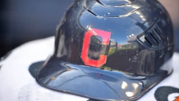 Oct 4, 2015; Cleveland, OH, USA; A general view of a Cleveland Indians helmet prior to a game between the Cleveland Indians and the Boston Red Sox at Progressive Field. Cleveland won 3-1. Mandatory Credit: David Richard-USA TODAY Sports