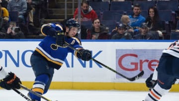 ST. LOUIS, MO - DECEMBER 5: Vladimir Tarasenko #91 of the St. Louis Blues takes a shot against the Edmonton Oilers at Enterprise Center on December 5, 2018 in St. Louis, Missouri. (Photo by Joe Puetz/NHLI via Getty Images)