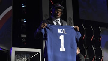 LAS VEGAS, NEVADA - APRIL 28: Evan Neal poses onstage after being selected seventh by the New York Giants during round one of the 2022 NFL Draft on April 28, 2022 in Las Vegas, Nevada. (Photo by David Becker/Getty Images)
