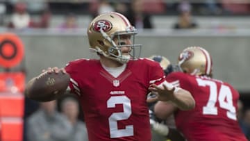 January 3, 2016; Santa Clara, CA, USA; San Francisco 49ers quarterback Blaine Gabbert (2) passes the football against the St. Louis Rams during the first quarter at Levi