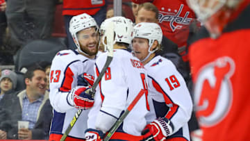 NEWARK, NJ - MARCH 19: Washington Capitals right wing Tom Wilson (43) celebrates after he scores during the second period of the National Hockey League Game between the New Jersey Devils and the Washington Capitals on March 19, 2019 at the Prudential Center in Newark, NJ. (Photo by Rich Graessle/Icon Sportswire via Getty Images)
