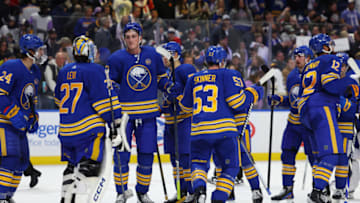 Nov 10, 2023; Buffalo, New York, USA; The Buffalo Sabres celebrate a win over the Minnesota Wild at KeyBank Center. Mandatory Credit: Timothy T. Ludwig-USA TODAY Sports