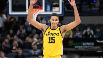 Mar 13, 2022; Indianapolis, IN, USA; Iowa Hawkeyes forward Keegan Murray (15) celebrates beating Purdue Boilermakers at Gainbridge Fieldhouse. Mandatory Credit: Trevor Ruszkowski-USA TODAY Sports