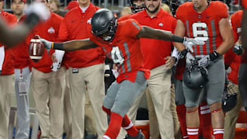 Nov 5, 2016; Columbus, OH, USA; Ohio State Buckeyes running back Curtis Samuel (4) gets his foot down for the reception during the second quarter against the Nebraska Cornhuskers at Ohio Stadium. Ohio State Buckeyes lead 31-3 at half. Mandatory Credit: Joe Maiorana-USA TODAY Sports