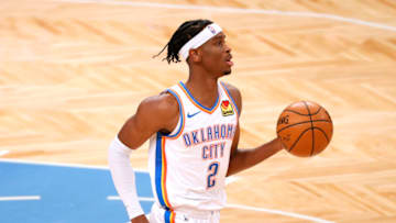 Shai Gilgeous-Alexander #2 of the Oklahoma City Thunder dribbles during the first half against the Brooklyn Nets at Barclays Center on January 10, 2021 in the Brooklyn borough of New York City. NOTE TO USER: User expressly acknowledges and agrees that, by downloading and or using this Photograph, user is consenting to the terms and conditions of the Getty Images License Agreement. (Photo by Sarah Stier/Getty Images)