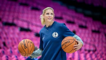 Oct 11, 2019; Dallas, TX, USA; Dallas Mavericks assistant coach Jenny Boucek takes part in team warm ups before the game between the Mavericks and the Milwaukee Bucks during the first quarter at the American Airlines Center. Mandatory Credit: Jerome Miron-USA TODAY Sports