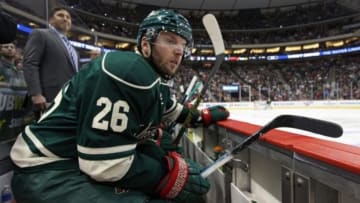 Nov 16, 2014; Saint Paul, MN, USA; Minnesota Wild forward Thomas Vanek (26) looks on during the third period against the Winnipeg Jets at Xcel Energy Center. The Wild defeated the Jets 4-3 in overtime. Mandatory Credit: Brace Hemmelgarn-USA TODAY Sports