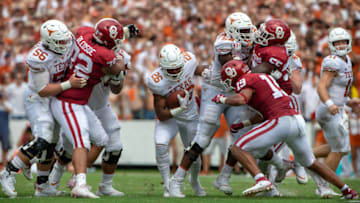 DALLAS, TX - OCTOBER 06: Texas Longhorns running back Keaontay Ingram (26) looks for an opening during the Big 12 Conference Red River Rivalry game against the Oklahoma Sooners on October 6, 2018 at Cotton Bowl Stadium in Dallas, Texas. (Photo by William Purnell/Icon Sportswire via Getty Images)