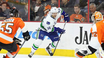 Jan 15, 2015; Philadelphia, PA, USA; Vancouver Canucks right wing Jannik Hansen (36) skates in on Philadelphia Flyers goalie Rob Zepp (72) and defenseman Nick Schultz (55) during the third period at Wells Fargo Center. The Canucks defeated the Flyers 4-0. Mandatory Credit: Bill Streicher-USA TODAY Sports