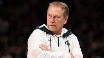 Dec 21, 2021; Detroit, Michigan, USA; Michigan State Spartans head coach Tom Izzo looks on with his arms crossed during the second half against the Oakland Golden Grizzlies at Little Caesars Arena. Mandatory Credit: Raj Mehta-USA TODAY Sports