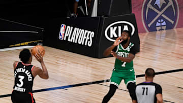 LAKE BUENA VISTA, FLORIDA - SEPTEMBER 03: OG Anunoby #3 of the Toronto Raptors shoots the winning basket against the Boston Celtics in Game Three of the Eastern Conference Second Round during the 2020 NBA Playoffs at the Field House at the ESPN Wide World Of Sports Complex on September 03, 2020 in Lake Buena Vista, Florida. NOTE TO USER: User expressly acknowledges and agrees that, by downloading and or using this photograph, User is consenting to the terms and conditions of the Getty Images License Agreement. (Photo by Douglas P. DeFelice/Getty Images)