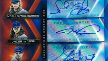 A triple autograph card from 2017 Topps Fire MLB, which is now available at Target stores. Photo courtesy of Topps.
