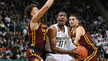 EAST LANSING, MI - JANUARY 09: Aaron Henry #11 of the Michigan State Spartans drives to the basket during the first half against the Minnesota Golden Gophers at the Breslin Center on January 9, 2020 in East Lansing, Michigan. (Photo by Rey Del Rio/Getty Images)
