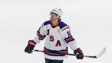 EDMONTON, AB - DECEMBER 25: Matthew Beniers #10 of the United States skates against Russia during the 2021 IIHF World Junior Championship at Rogers Place on December 25, 2020 in Edmonton, Canada. (Photo by Codie McLachlan/Getty Images)