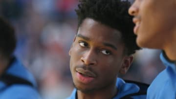 Shai Gilgeous-Alexander #2 of the Oklahoma City Thunder looks on before playing the New Orleans Pelicans (Photo by Ron Jenkins/Getty Images)