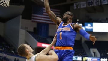 Oct 8, 2014; Hartford, CT, USA; New York Knicks forward Amar'e Stoudemire (1) shoots over Boston Celtics center Tyler Zeller (44) in the first half at XL Center. Mandatory Credit: David Butler II-USA TODAY Sports