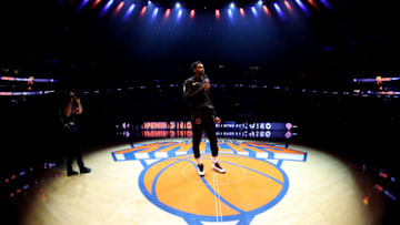 NEW YORK, NY - OCTOBER 17: Lance Thomas #42 of the New York Knicks talks to the crowd during the game against the Atlanta Hawks on October 17, 2018 at Madison Square Garden in New York City, New York. NOTE TO USER: User expressly acknowledges and agrees that, by downloading and or using this photograph, User is consenting to the terms and conditions of the Getty Images License Agreement. Mandatory Copyright Notice: Copyright 2018 NBAE (Photo by Nathaniel S. Butler/NBAE via Getty Images)