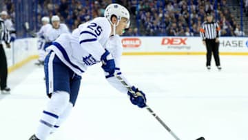 TAMPA, FL - MARCH 20: James van Riemsdyk #25 of the Toronto Maple Leafs passes during a game against the Tampa Bay Lightning at Amalie Arena on March 20, 2018 in Tampa, Florida. (Photo by Mike Ehrmann/Getty Images)