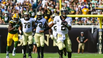 Sep 12, 2021; Jacksonville, Florida, USA; New Orleans Saints quarterback Jameis Winston (2) runs during the first quarter against the Green Bay Packers at TIAA Bank Field. Mandatory Credit: Tommy Gilligan-USA TODAY Sports