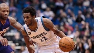 Jan 17, 2016; Minneapolis, MN, USA; Minnesota Timberwolves forward Andrew Wiggins (22) dribbles in the third quarter against the Phoenix Suns at Target Center. The Minnesota Timberwolves beat the Phoenix Suns 117-87. Mandatory Credit: Brad Rempel-USA TODAY Sports