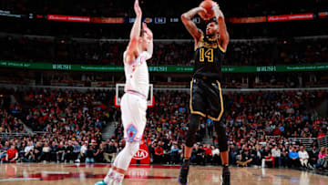 CHICAGO, IL - JANUARY 26: Brandon Ingram #14 of the Los Angeles Lakers shoots the ball against the Chicago Bulls on January 26, 2018 at the United Center in Chicago, Illinois. NOTE TO USER: User expressly acknowledges and agrees that, by downloading and or using this Photograph, user is consenting to the terms and conditions of the Getty Images License Agreement. Mandatory Copyright Notice: Copyright 2018 NBAE (Photo by Jeff Haynes/NBAE via Getty Images)
