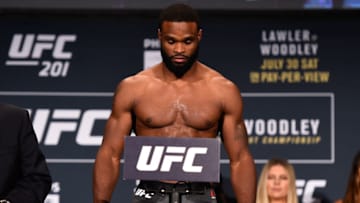 ATLANTA, GA - JULY 29: Tyron Woodley steps on the scale during the UFC 201 weigh-in at Fox Theatre on July 29, 2016 in Atlanta, Georgia. (Photo by Jeff Bottari/Zuffa LLC/Zuffa LLC via Getty Images)