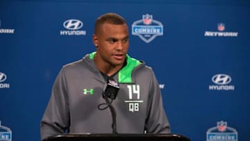 Feb 25, 2016; Indianapolis, IN, USA; Mississippi State quarterback Dak Prescott speaks to the media during the 2016 NFL Scouting Combine at Lucas Oil Stadium. Mandatory Credit: Trevor Ruszkowski-USA TODAY Sports