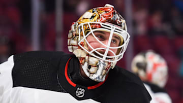 MONTREAL, QC - APRIL 01: Look on New Jersey Devils Goalie Keith Kinkaid (1) at warm-up before the New Jersey Devils versus the Montreal Canadiens game on April 1, 2018, at Bell Centre in Montreal, QC (Photo by David Kirouac/Icon Sportswire via Getty Images)