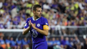 LAS VEGAS, NEVADA - JULY 16: Cesar Azpilicueta #28 of Chelsea reacts after scoring an own goal during a preseason friendly match against Club América at Allegiant Stadium on July 16, 2022 in Las Vegas, Nevada. Chelsea defeated Club América 2-1. (Photo by Ethan Miller/Getty Images)