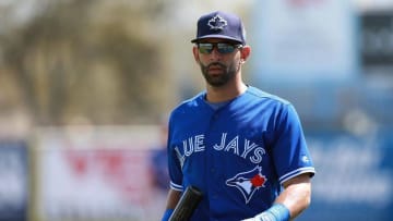 Mar 10, 2016; Tampa, FL, USA Toronto Blue Jays right fielder Jose Bautista (19) works out prior to the game against the New York Yankees at George M. Steinbrenner Field. Mandatory Credit: Kim Klement-USA TODAY Sports