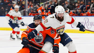Edmonton Oilers Brendan Perlini, #42, battles with Florida Panthers Radko Gudas,#7 Mandatory Credit: Perry Nelson-USA TODAY Sports