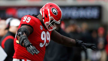 Georgia defensive lineman Jordan Davis (99) dances on sideline during the first half of a NCAA college football game between Missouri and Georgia in Athens, Ga., on Saturday, Nov. 6, 2021. Georgia won 43-6.News Joshua L Jones