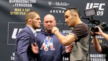 LAS VEGAS, NV - JANUARY 19: (L-R) No. 1 lightweight contender Khabib Nurmagomedov of Russia and No. 2 lightweight contender Tony Ferguson face off during the UFC 209 Ultimate Media Day event inside The Park Theater on January 19, 2017 in Las Vegas, Nevada. (Photo by Juan Cardenas/Zuffa LLC/Zuffa LLC via Getty Images)