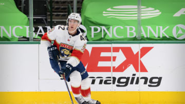 Mar 28, 2021; Dallas, Texas, USA; Florida Panthers defenseman Gustav Forsling (42) in action during the game between the Dallas Stars and the Florida Panthers at the American Airlines Center. Mandatory Credit: Jerome Miron-USA TODAY Sports