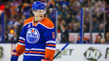 Mar 12, 2016; Edmonton, Alberta, CAN; Edmonton Oilers defenseman Mark Fayne (5) during the first period against the Arizona Coyotes at Rexall Place. Arizona Coyotes won 4-0. Mandatory Credit: Sergei Belski-USA TODAY Sports
