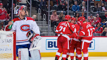 DETROIT, MI - JANUARY 07: Charlie Lindgren #39 of the Montreal Canadiens looks up at the score board after a Detroit Red Wings goal during an NHL game at Little Caesars Arena on January 7, 2020 in Detroit, Michigan. The Wings defeated the Canadiens 4-3. (Photo by Dave Reginek/NHLI via Getty Images)
