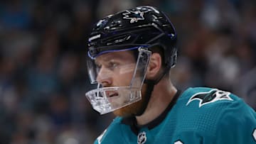 SAN JOSE, CALIFORNIA - APRIL 18: Joe Pavelski #8 of the San Jose Sharks in action against the Vegas Golden Knights in Game Five of the Western Conference First Round during the 2019 NHL Stanley Cup Playoffs at SAP Center on April 18, 2019 in San Jose, California. (Photo by Ezra Shaw/Getty Images)