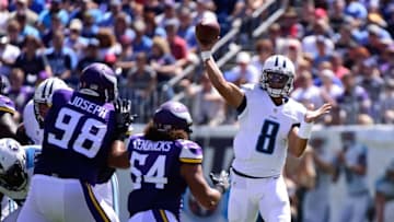 NASHVILLE, TN - SEPTEMBER 11: Quarterback Marcus Mariota #8 of the Tennessee Titans throws a pass against the Minnesota Vikings at Nissan Stadium on September 11, 2016 in Nashville, Tennessee. (Photo by Frederick Breedon/Getty Images)