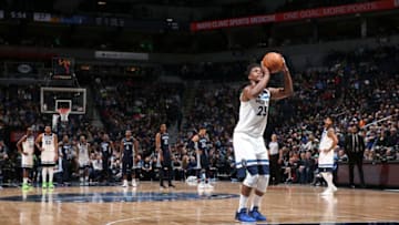 MINNEAPOLIS, MN - APRIL 9: Jimmy Butler #23 of the Minnesota Timberwolves shoots the ball against the Memphis Grizzlies on April 9, 2018 at Target Center in Minneapolis, Minnesota. NOTE TO USER: User expressly acknowledges and agrees that, by downloading and or using this Photograph, user is consenting to the terms and conditions of the Getty Images License Agreement. Mandatory Copyright Notice: Copyright 2018 NBAE (Photo by David Sherman/NBAE via Getty Images)