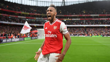 LONDON, ENGLAND - SEPTEMBER 22: Pierre-Emerick Aubameyang celebrates scoring the 3rd Arsenal goal during the Premier League match between Arsenal FC and Aston Villa at Emirates Stadium on September 22, 2019 in London, United Kingdom. (Photo by Stuart MacFarlane/Arsenal FC via Getty Images)