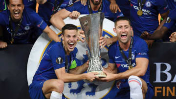 BAKU, AZERBAIJAN - MAY 29: Cesar Azpilicueta of Chelsea and Gary Cahill of Chelsea celebrates with the Europa League Trophy following there team's victory in the UEFA Europa League Final between Chelsea and Arsenal at Baku Olimpiya Stadionu on May 29, 2019 in Baku, Azerbaijan. (Photo by Shaun Botterill/Getty Images)