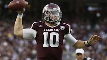 Oct 3, 2015; College Station, TX, USA; Texas A&M Aggies quarterback Kyle Allen (10) throws a touchdown pass to wide receiver Ricky Seals-Jones (not pictured) against the Mississippi State Bulldogs during the first half at Kyle Field. Mandatory Credit: Soobum Im-USA TODAY Sports