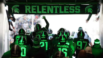 The Michigan State Spartans take the field before action against the Maryland Terrapins on Saturday, Nov. 13, 2021 at Spartan Stadium.Msu Mary
