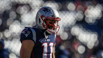 FOXBOROUGH, MASSACHUSETTS - DECEMBER 30: Julian Edelman #11 of the New England Patriots reacts before a game against the New York Jets at Gillette Stadium on December 30, 2018 in Foxborough, Massachusetts. (Photo by Maddie Meyer/Getty Images)