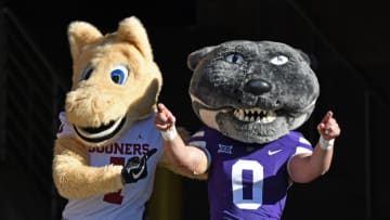 MANHATTAN, KS - OCTOBER 26: The Kansas State Wildcats and Oklahoma Sooners mascots before the game at Bill Snyder Family Football Stadium on October 26, 2019 in Manhattan, Kansas. (Photo by Peter G. Aiken/Getty Images)