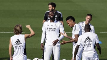 VALDEBEBAS, SPAIN - OCTOBER 7: (L-R) Luka Modric of Real Madrid, Antonio Rudiger of Real Madrid, Eder Militao of Real Madrid, Eden Hazard of Real Madrid, Ferland Mendy of Real Madrid during the Training and press conference of Real Madrid at the Ciudad Deportiva Real Madrid on October 7, 2022 in Valdebebas Spain (Photo by David S. Bustamante/Soccrates/Getty Images)