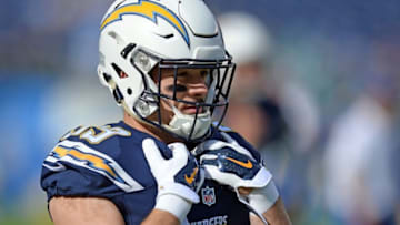 Dec 20, 2015; San Diego, CA, USA; San Diego Chargers running back Danny Woodhead (39) looks on prior to the game against the Miami Dolphins at Qualcomm Stadium. Mandatory Credit: Jake Roth-USA TODAY Sports